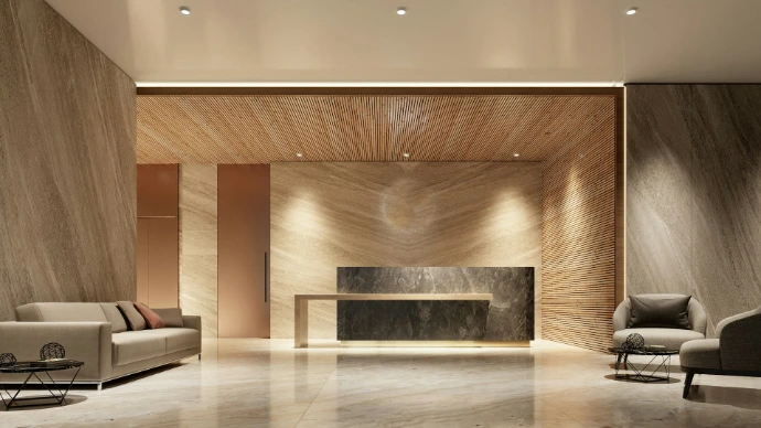 Modern lobby with reception desk and seating area